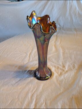 2/120$ Fenton Iridescent Amthhyste Carnival Glass Ruffled Vase